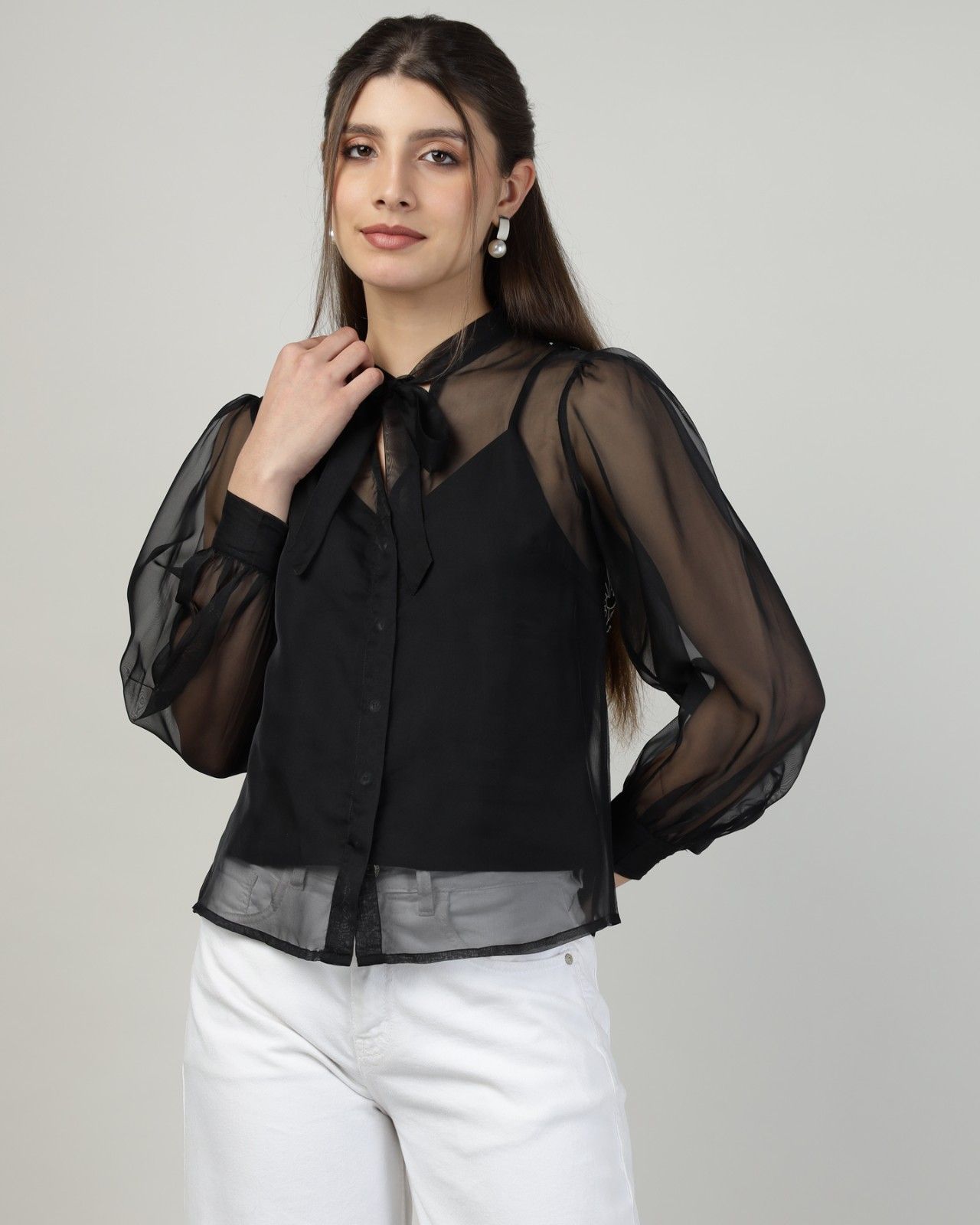 Black Organza Embroidered Shirt with Camisole Set of 2